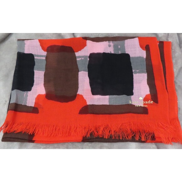 Kate Spade Red Black Geometric Casual Silk Rectangle Scarf Shawl Fringed XLarge - Picture 1 of 6